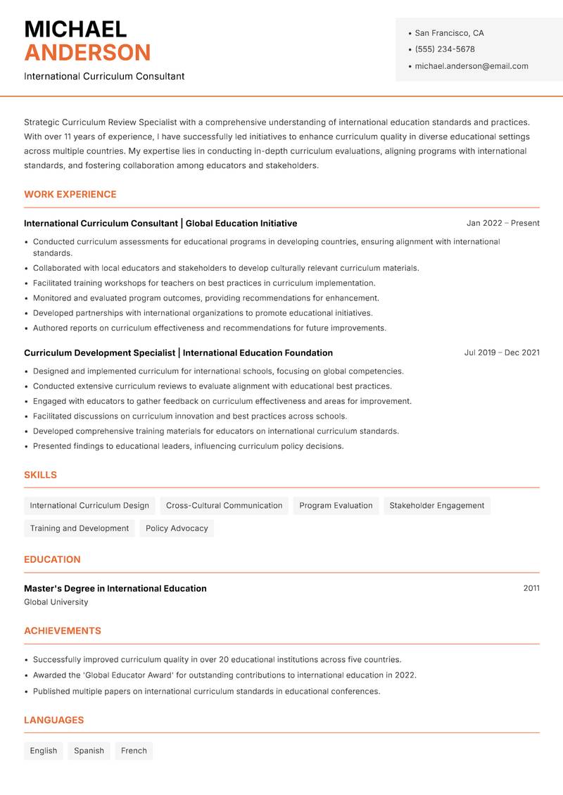Curriculum Review Specialist resume template — Modern Professional