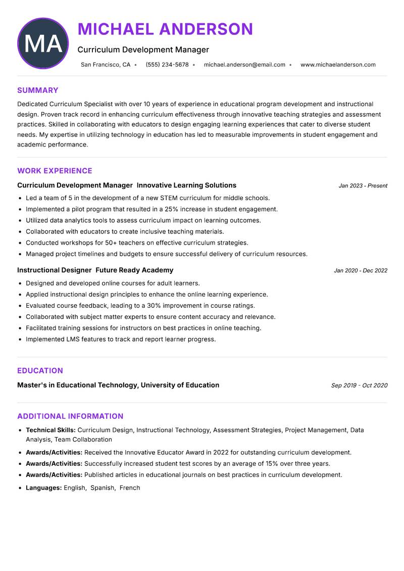 Curriculum Specialist resume example — ATS-friendly template