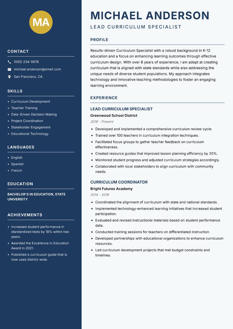 Curriculum Specialist resume template — Classic Clean