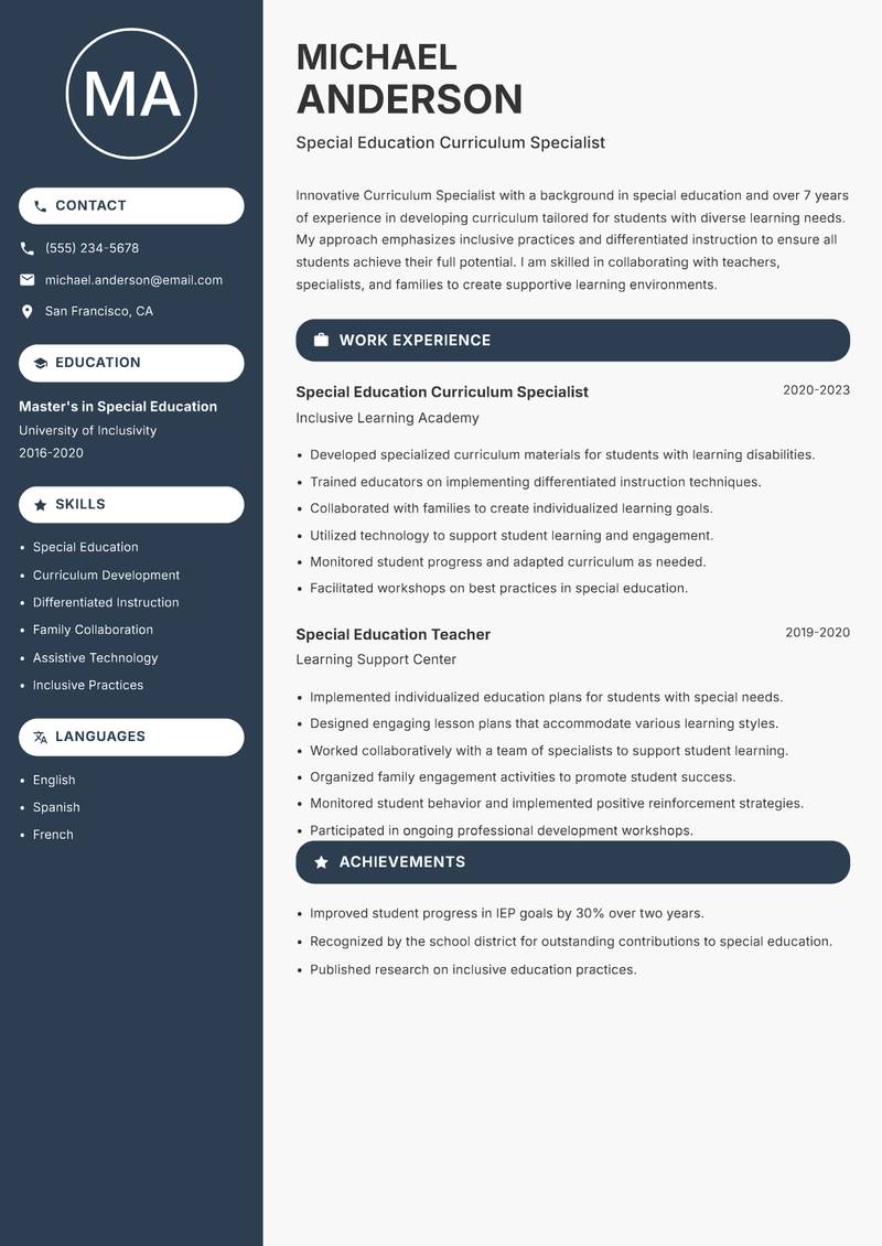 Curriculum Specialist resume template — Compact