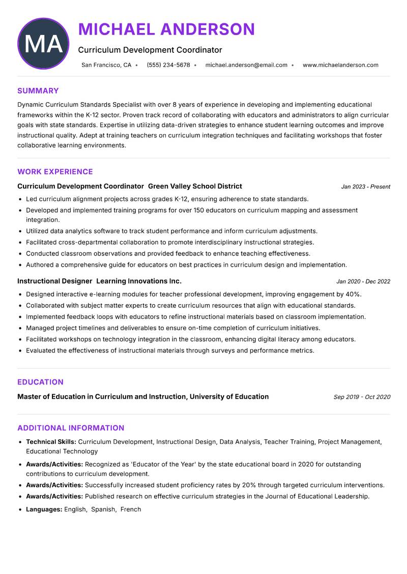 Curriculum Standards Specialist resume example — ATS-friendly template