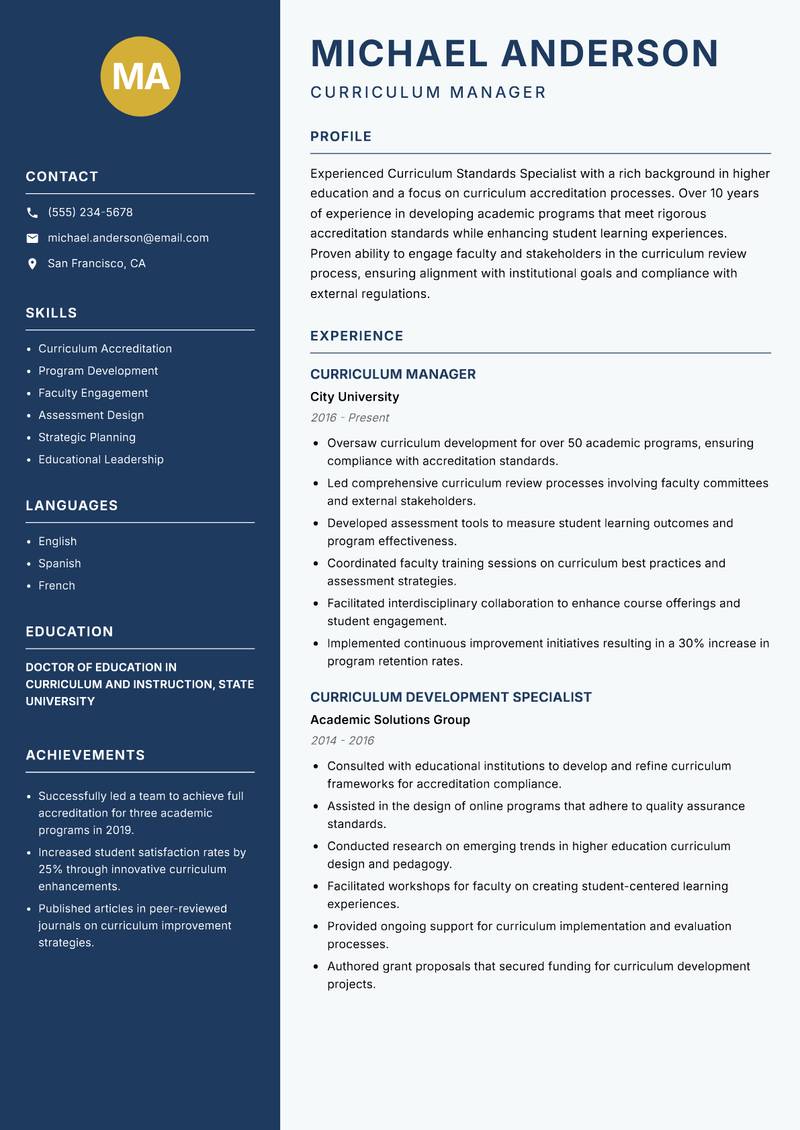 Curriculum Standards Specialist resume template — Classic Clean