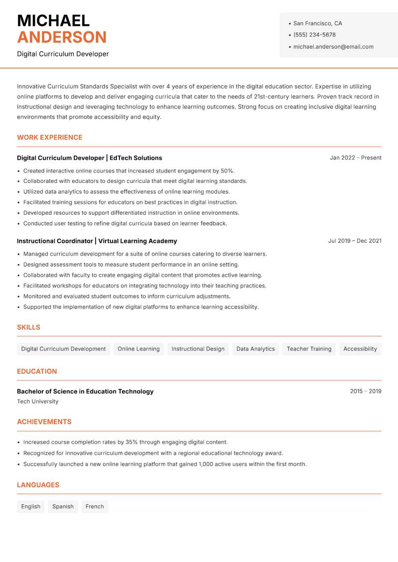 Curriculum Standards Specialist resume template — Modern Professional
