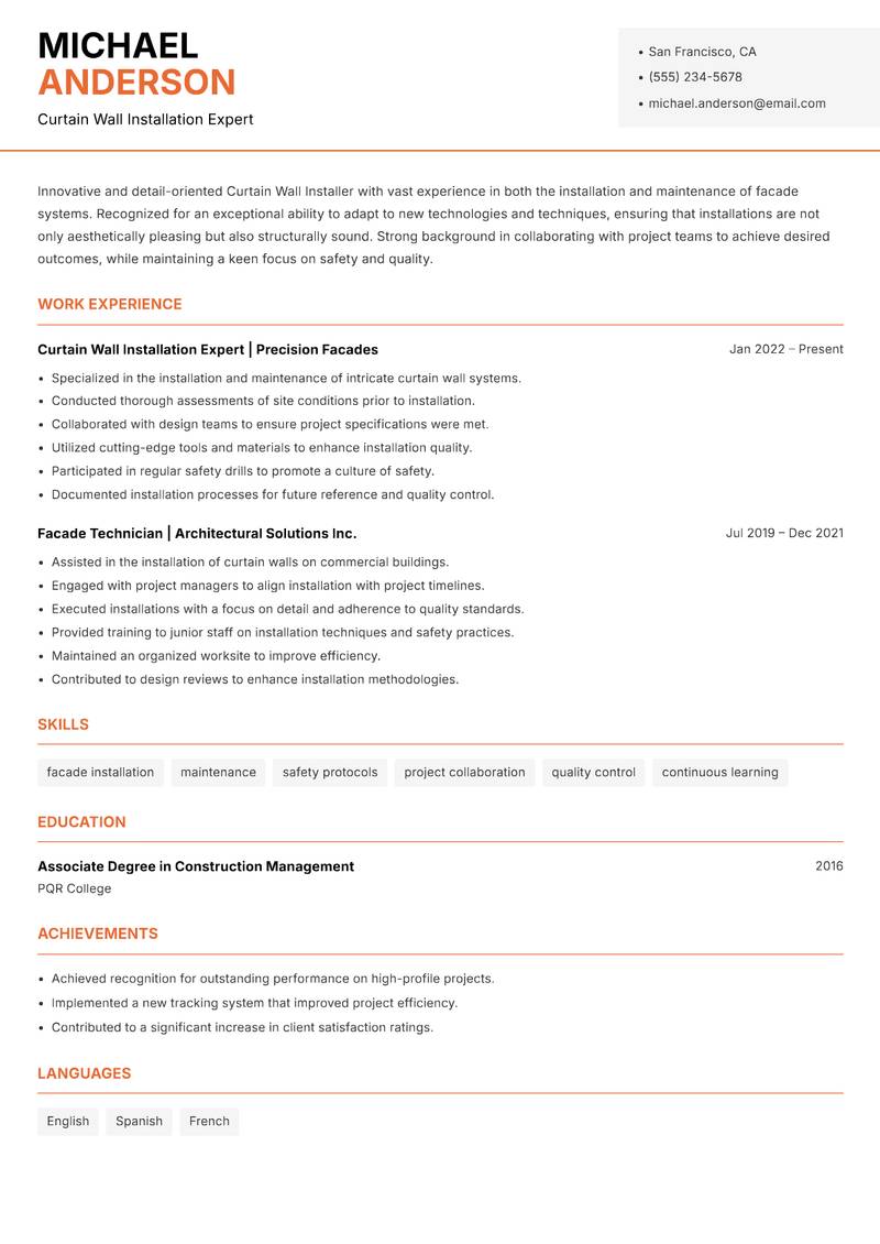 Curtain Wall Installer resume template — Modern Professional