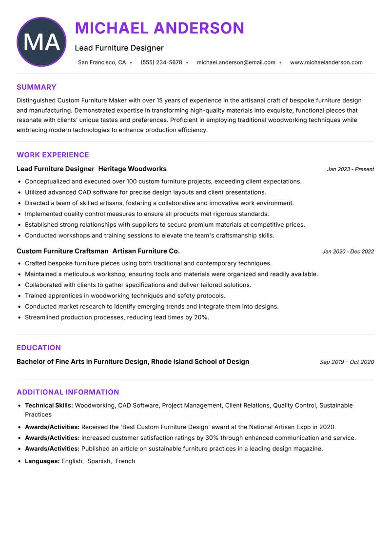Custom Furniture Maker resume example — ATS-friendly template