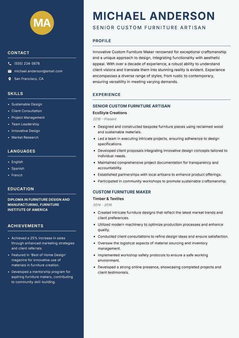 Custom Furniture Maker resume template — Classic Clean