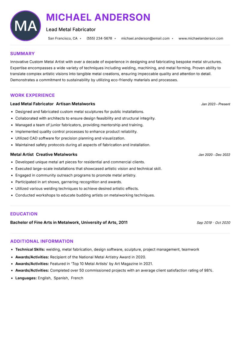 Custom Metal Artist resume example — ATS-friendly template