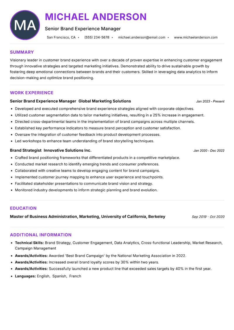 Customer Brand Experience Lead resume example — ATS-friendly template