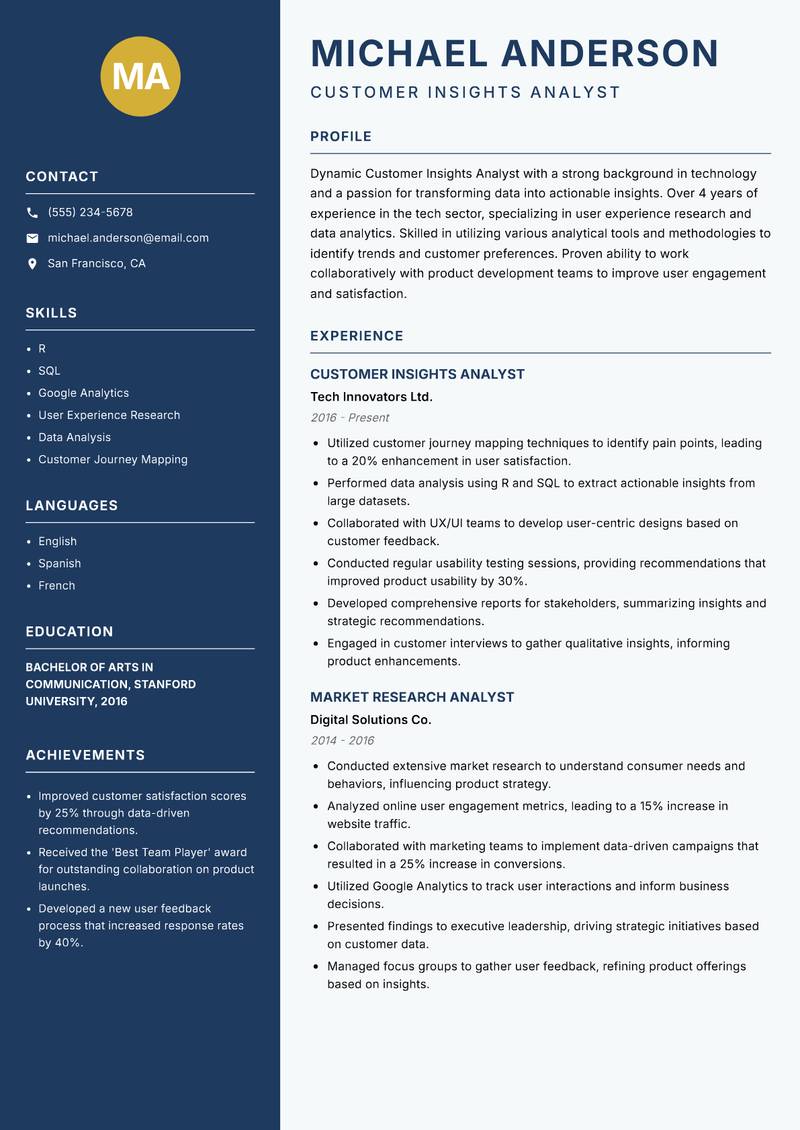 Customer Insights Analyst resume template — Classic Clean