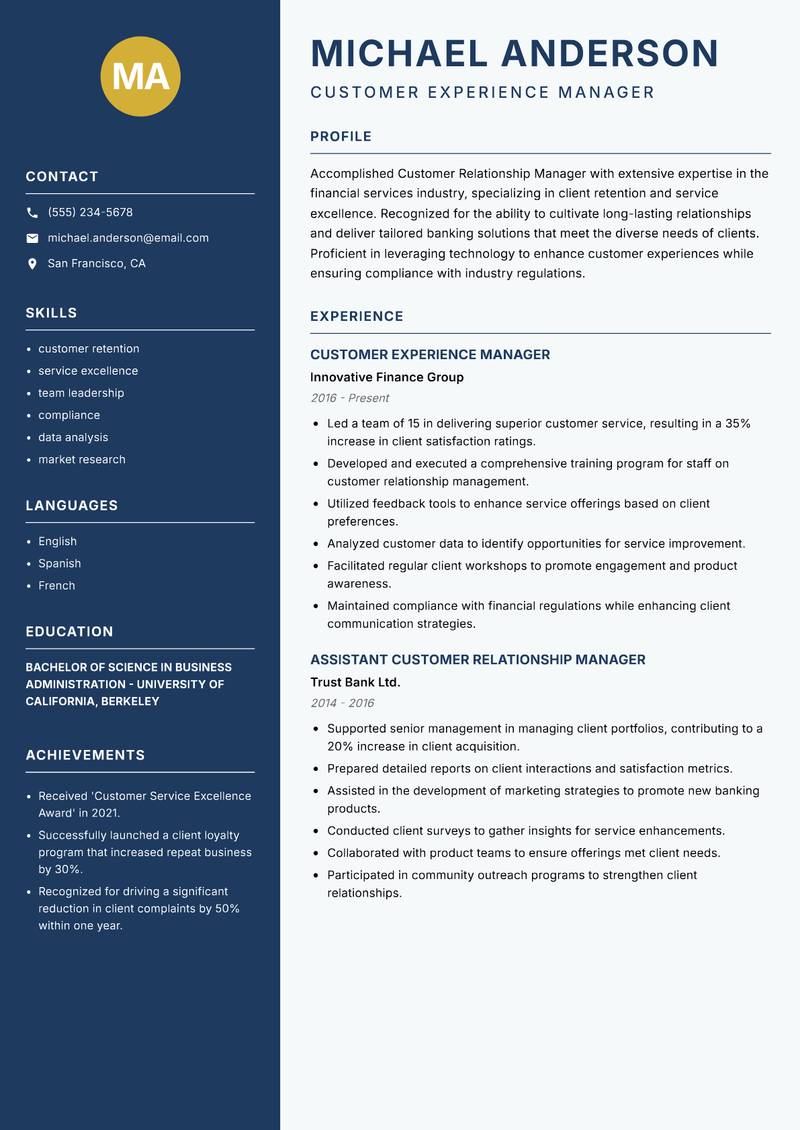 Customer Relationship Manager Banking resume template — Classic Clean