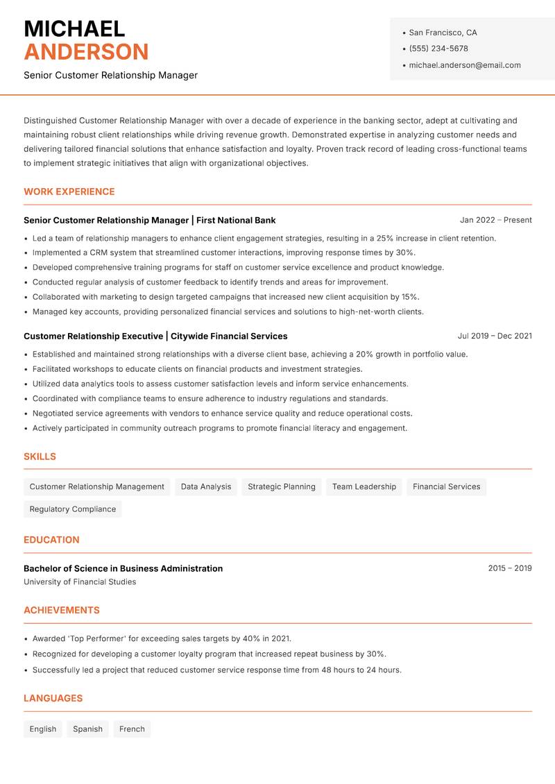 Customer Relationship Manager Banking resume template — Modern Professional