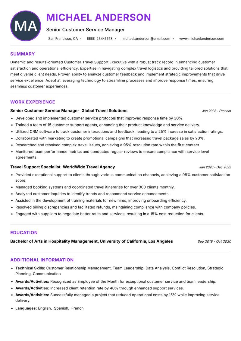 Customer Travel Support Executive resume example — ATS-friendly template