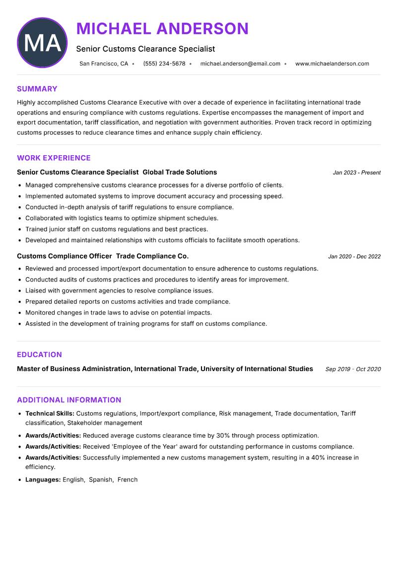 Customs Clearance Executive resume example — Logistics