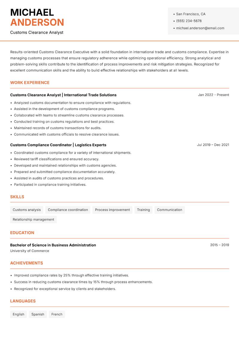 Customs Clearance Executive resume template — Modern Professional
