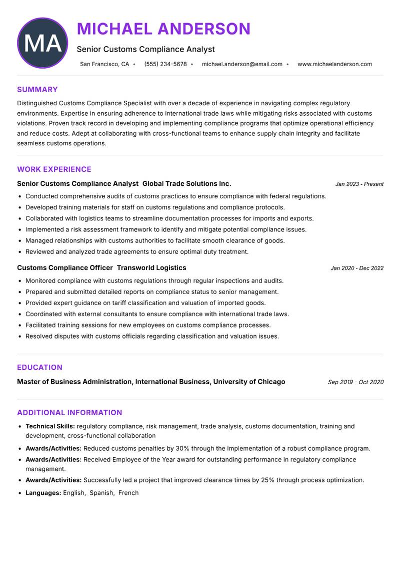 Customs Compliance Specialist resume example — ATS-friendly template