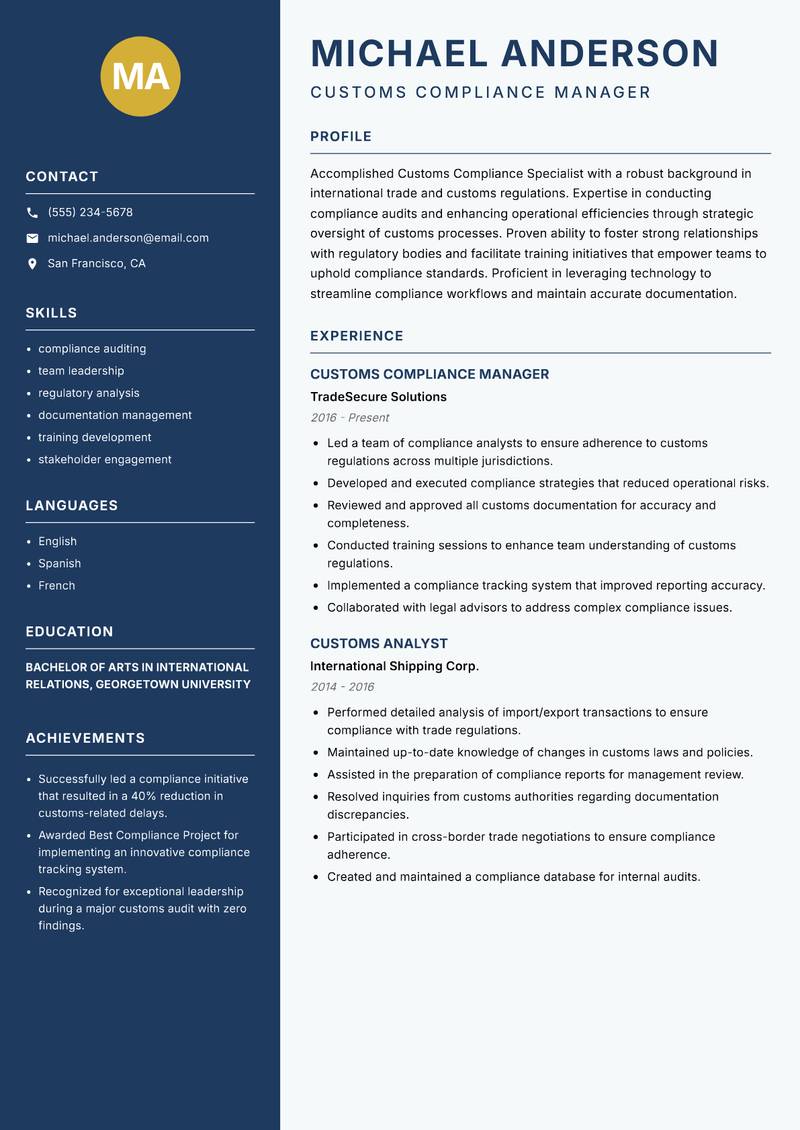 Customs Compliance Specialist resume template — Classic Clean