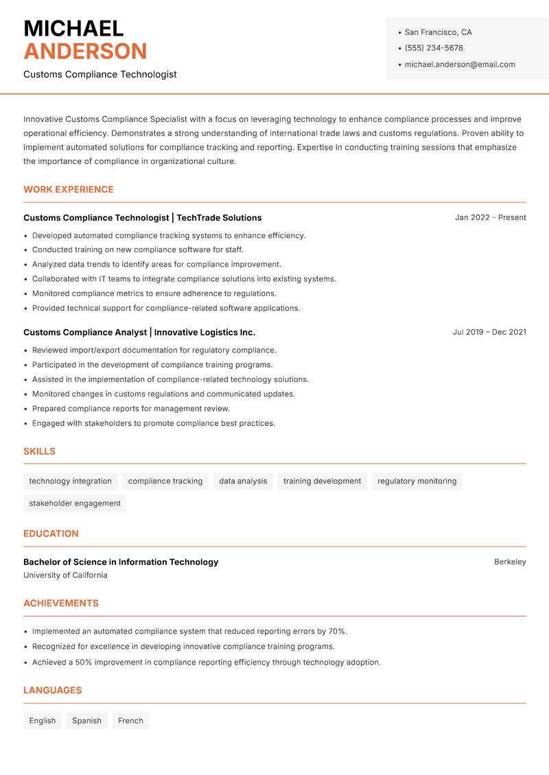Customs Compliance Specialist resume template — Modern Professional