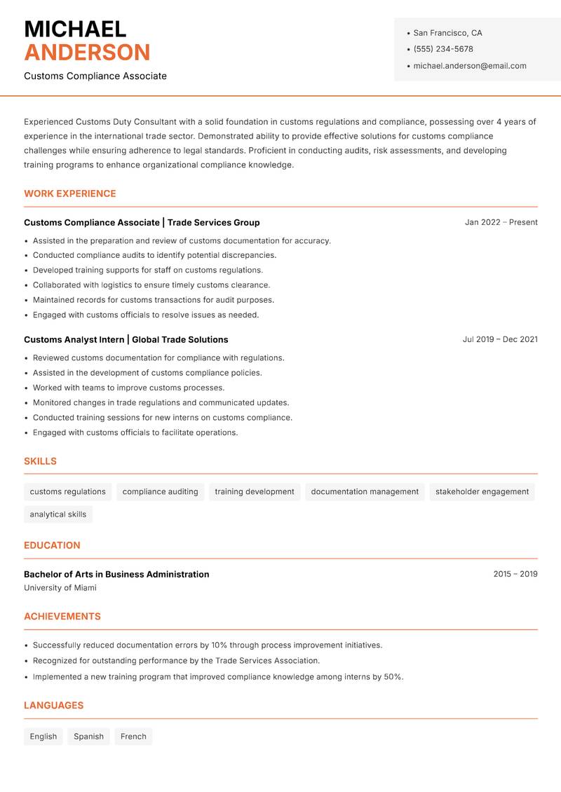 Customs Duty Consultant resume template — Modern Professional