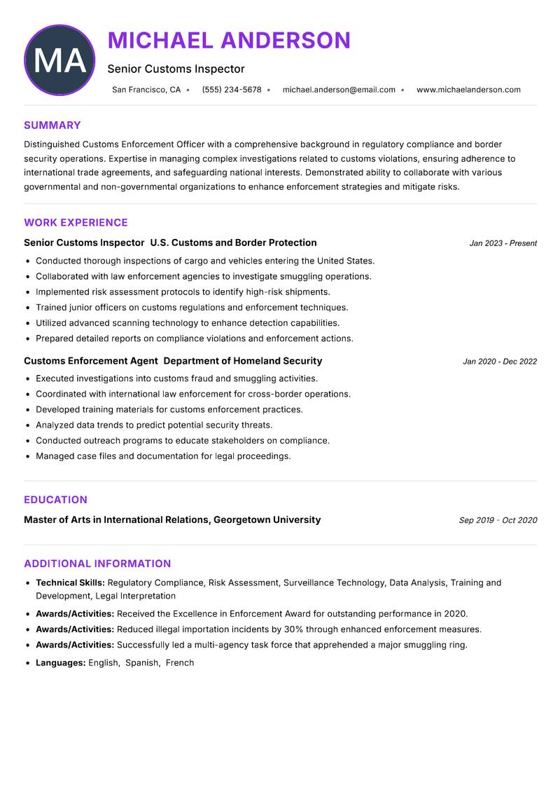Customs Enforcement Officer resume example — ATS-friendly template