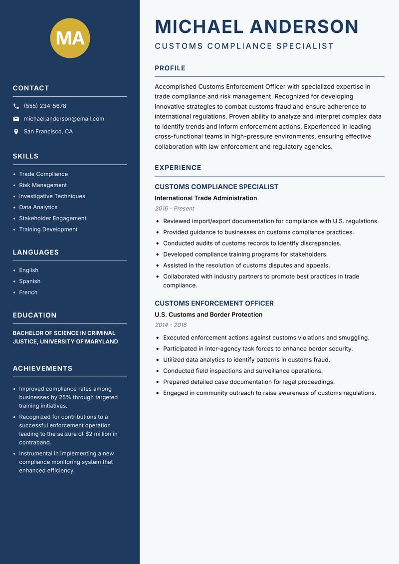 Customs Enforcement Officer resume template — Classic Clean