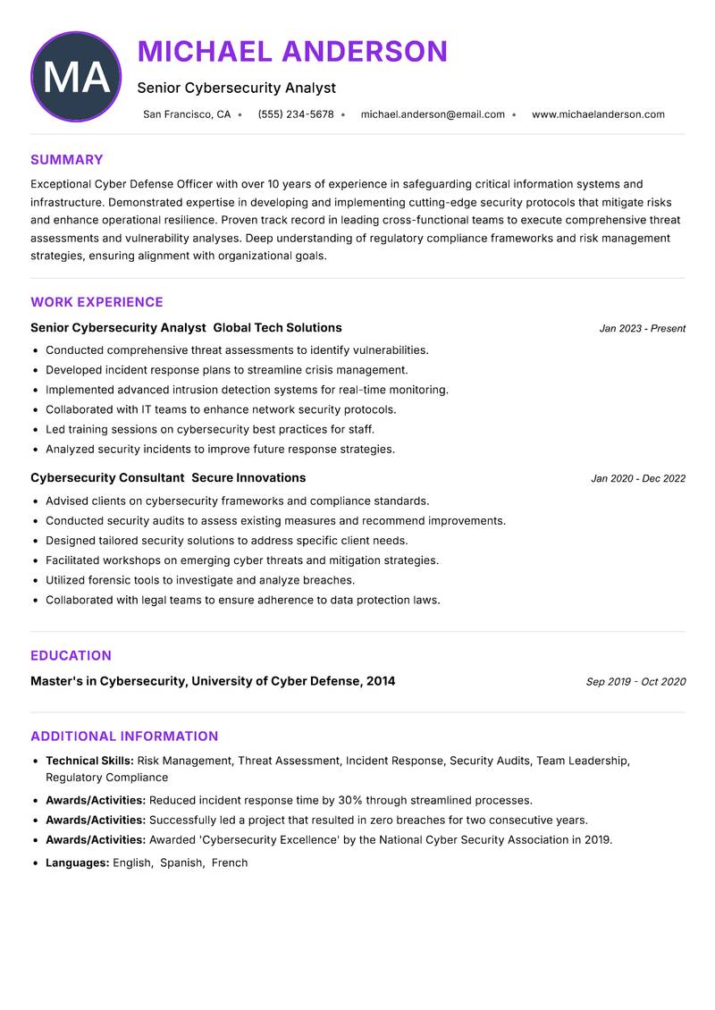 Cyber Defense Officer resume example — ATS-friendly template