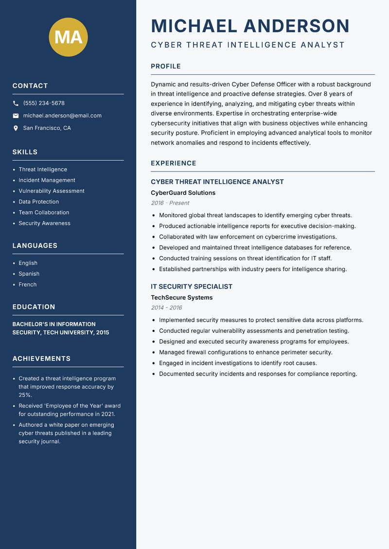 Cyber Defense Officer resume template — Classic Clean