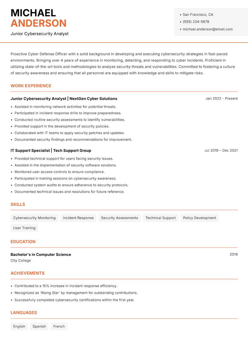 Cyber Defense Officer resume template — Modern Professional
