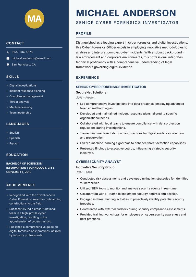 Cyber Forensics Officer resume template — Classic Clean