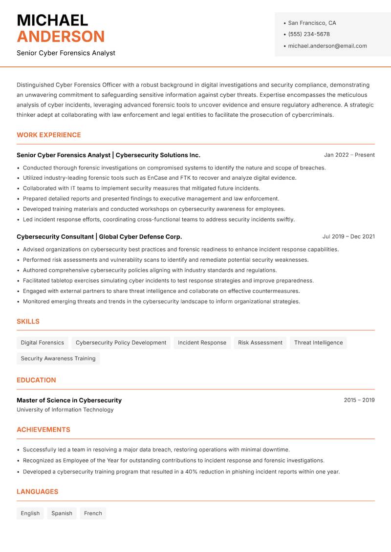 Cyber Forensics Officer resume template — Modern Professional