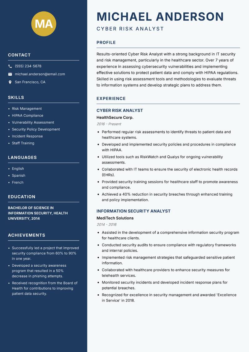 Cyber Risk Analyst resume template — Classic Clean