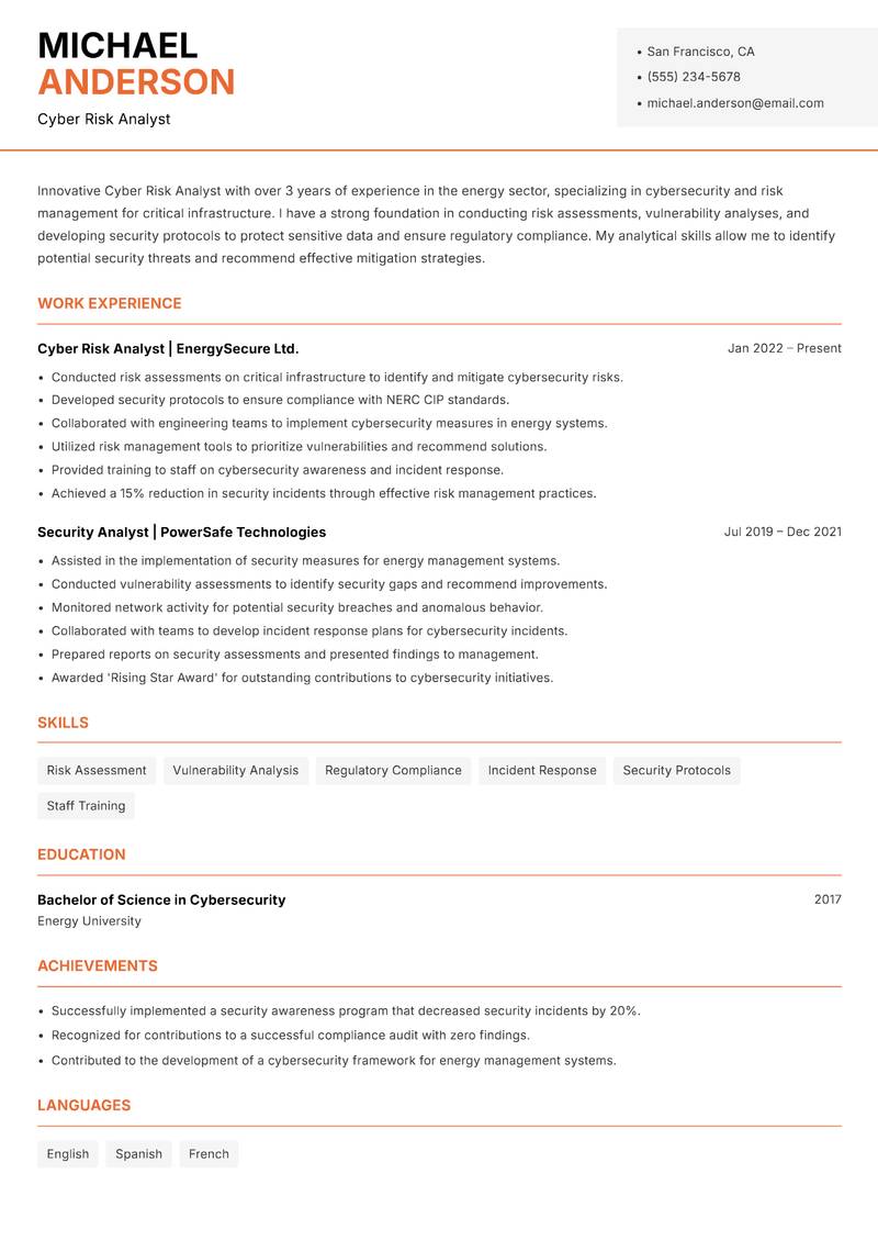Cyber Risk Analyst resume template — Modern Professional