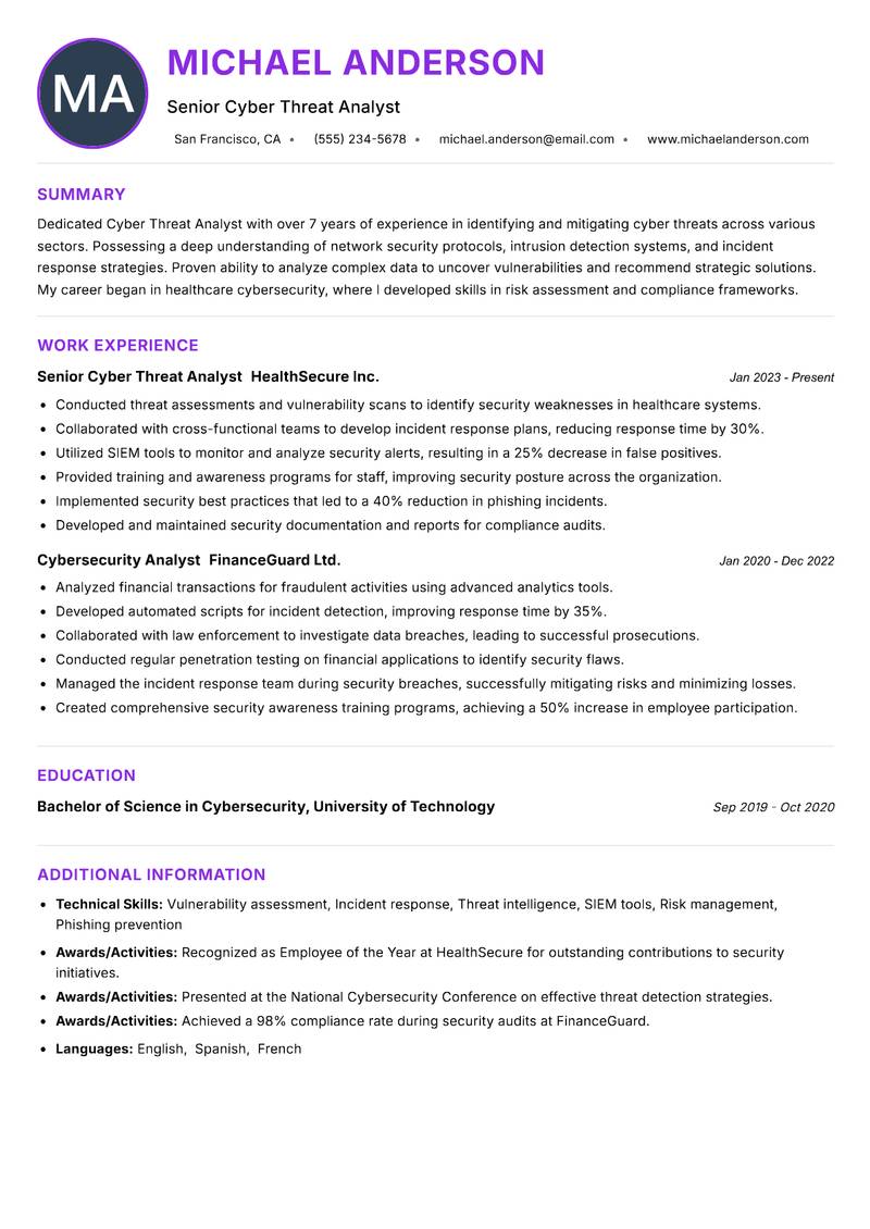 Cyber Threat Analyst resume example — ATS-friendly template