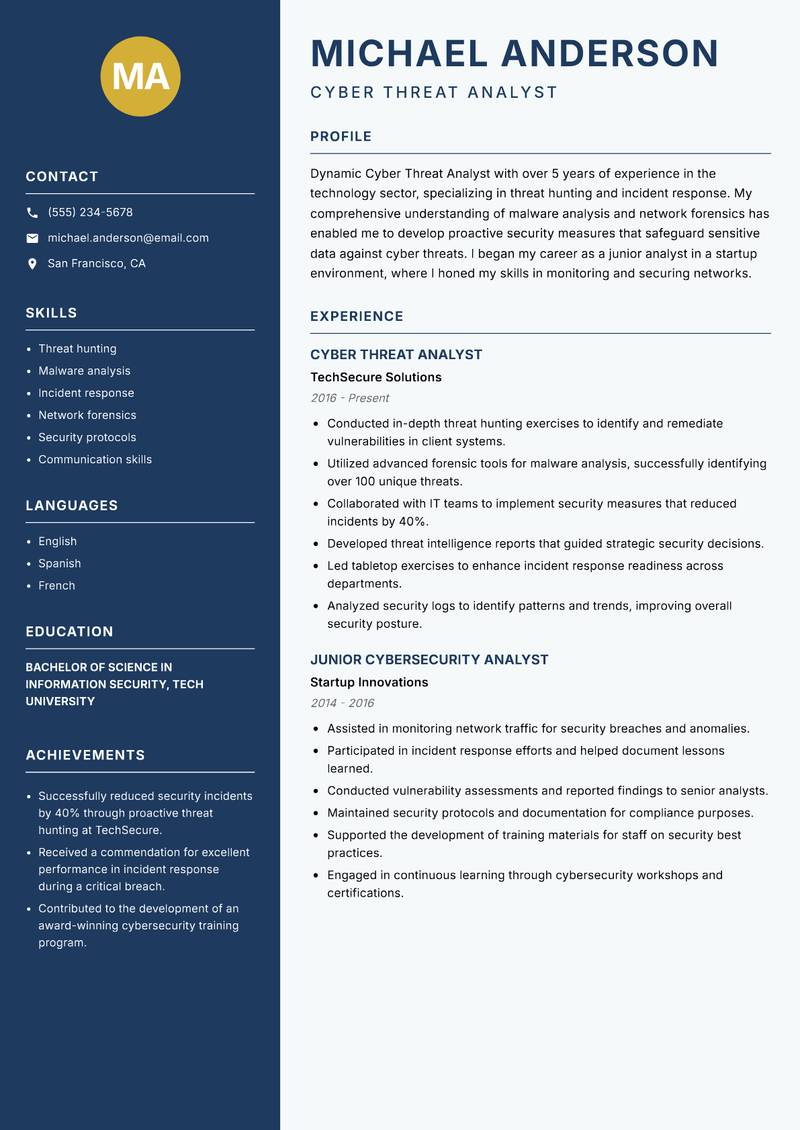 Cyber Threat Analyst resume template — Classic Clean
