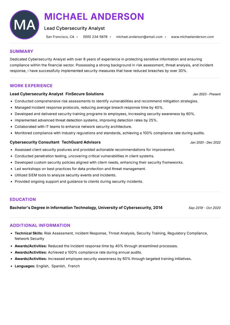 Cybersecurity Analyst resume example — ATS-friendly template