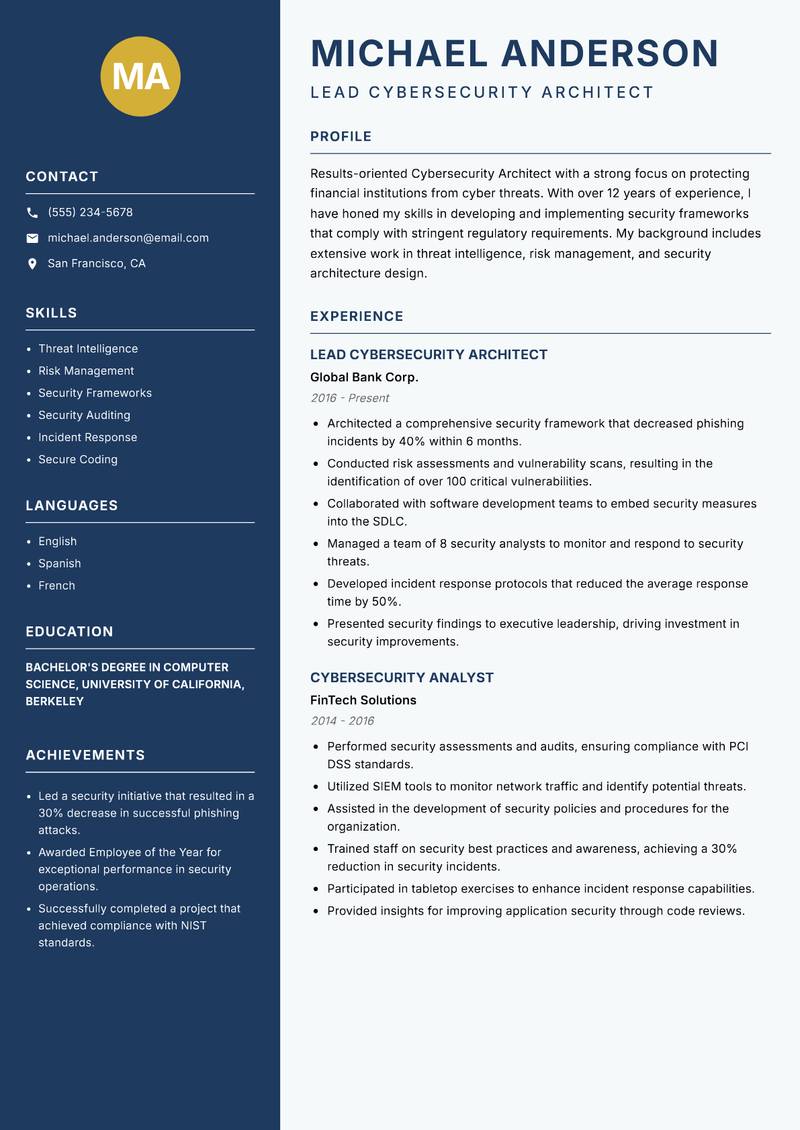 Cybersecurity Architect resume template — Classic Clean