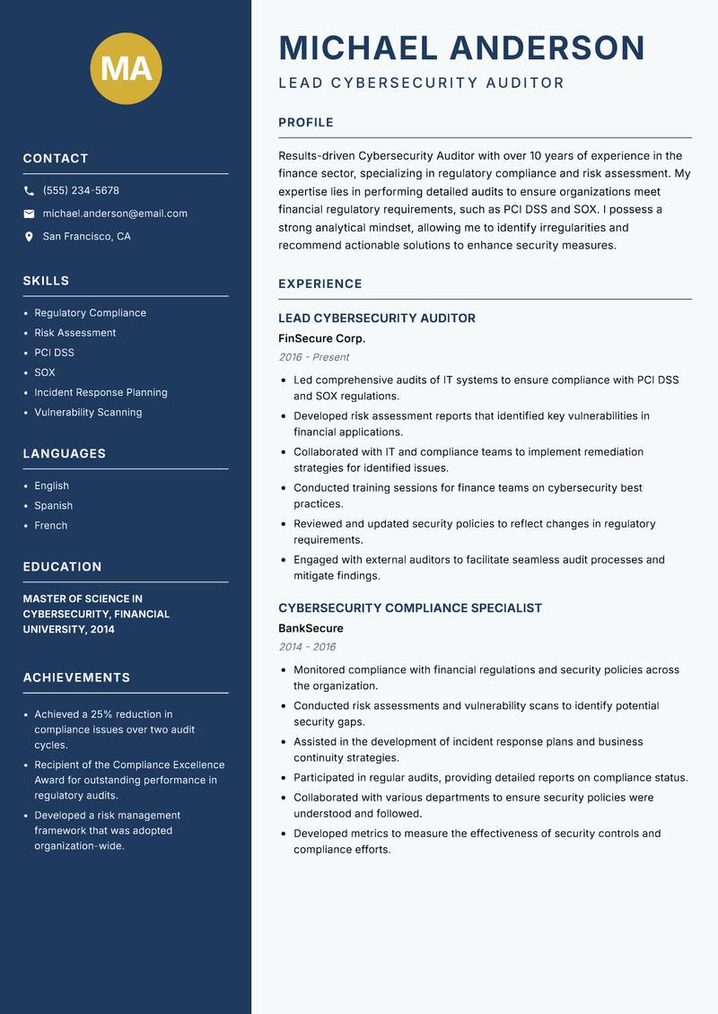 Cybersecurity Auditor resume template — Classic Clean