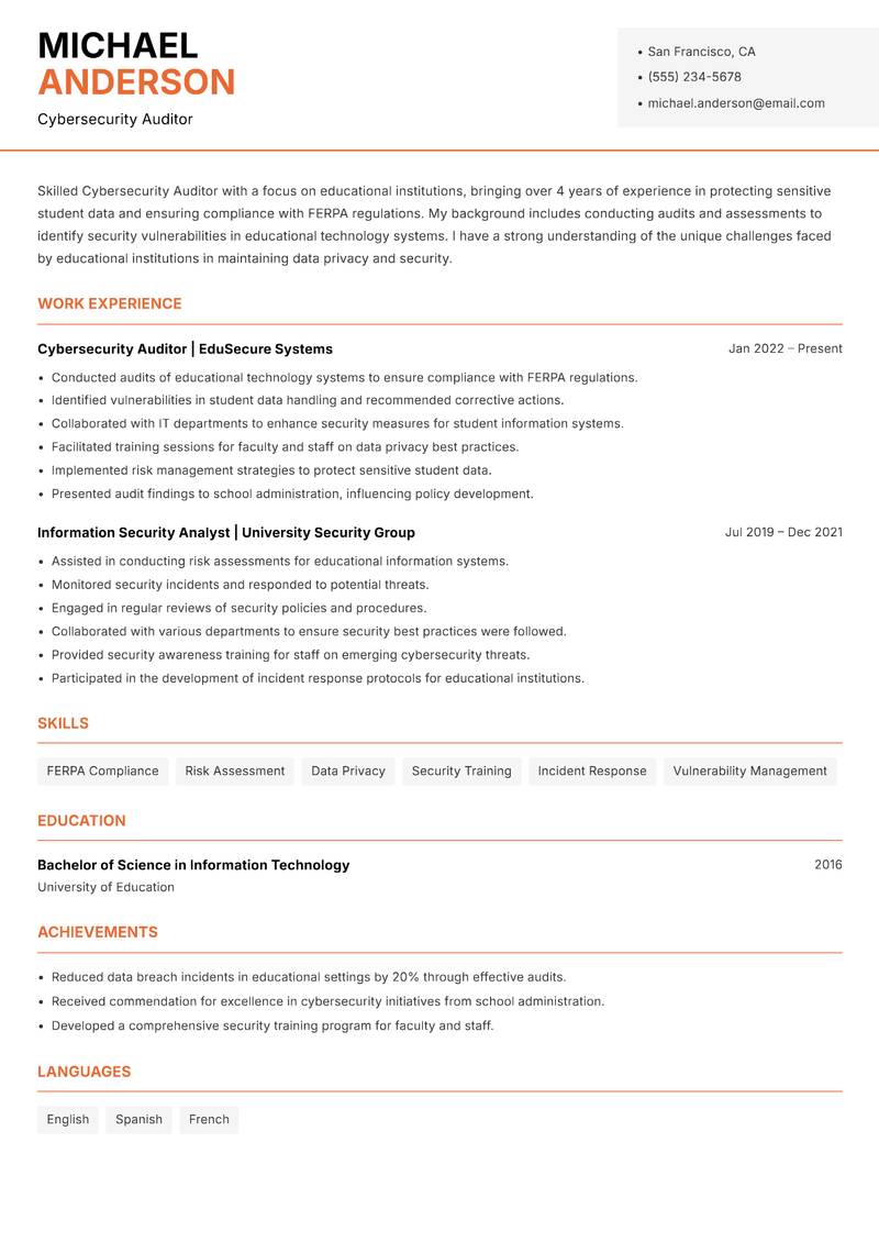 Cybersecurity Auditor resume template — Modern Professional