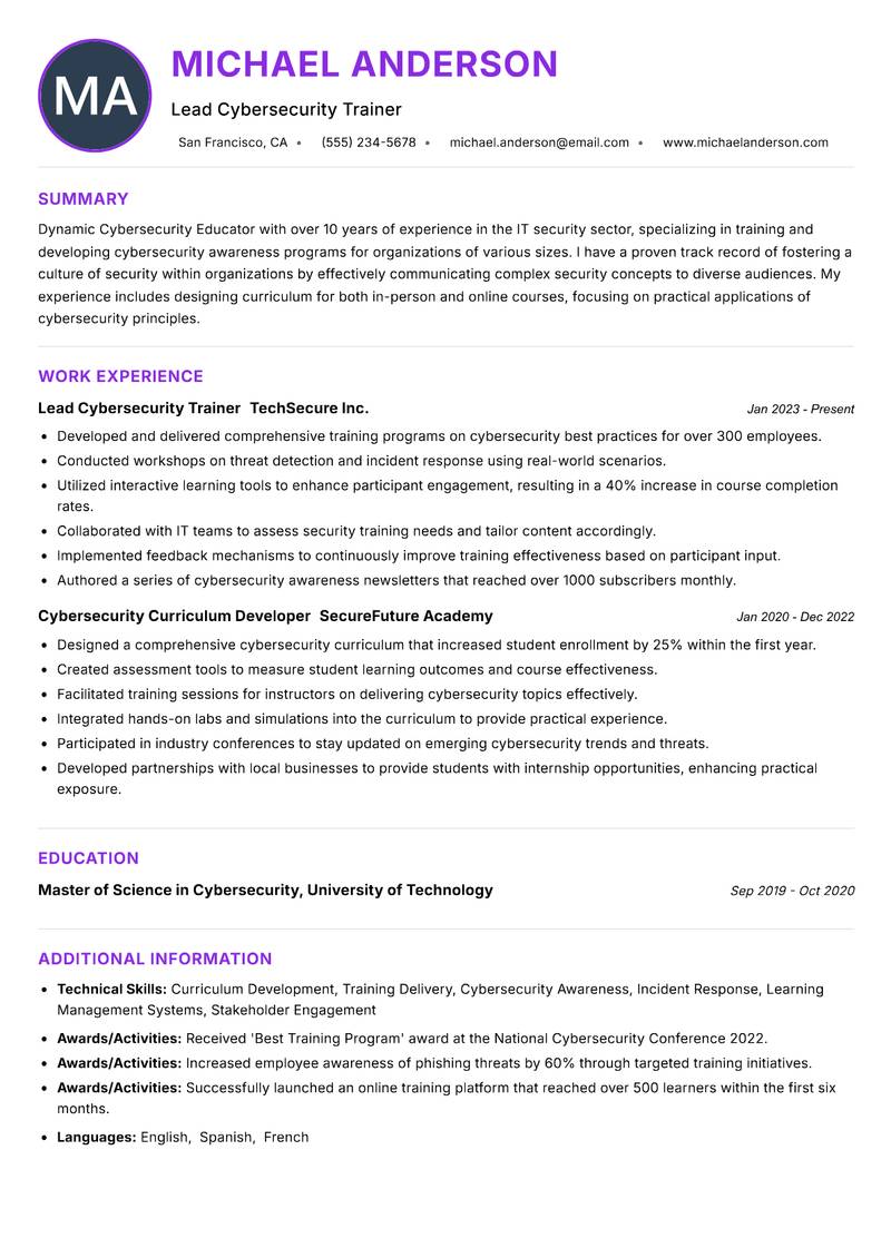 Cybersecurity Educator resume example — ATS-friendly template