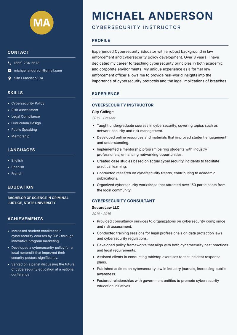 Cybersecurity Educator resume template — Classic Clean