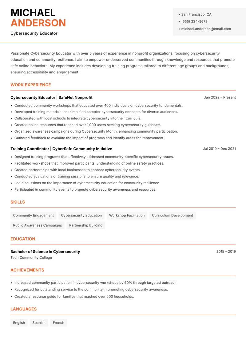 Cybersecurity Educator resume template — Modern Professional