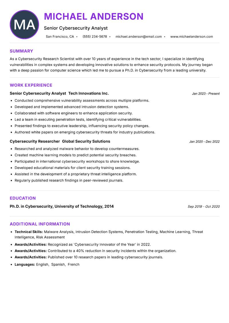 Cybersecurity Research Scientist resume example — ATS-friendly template