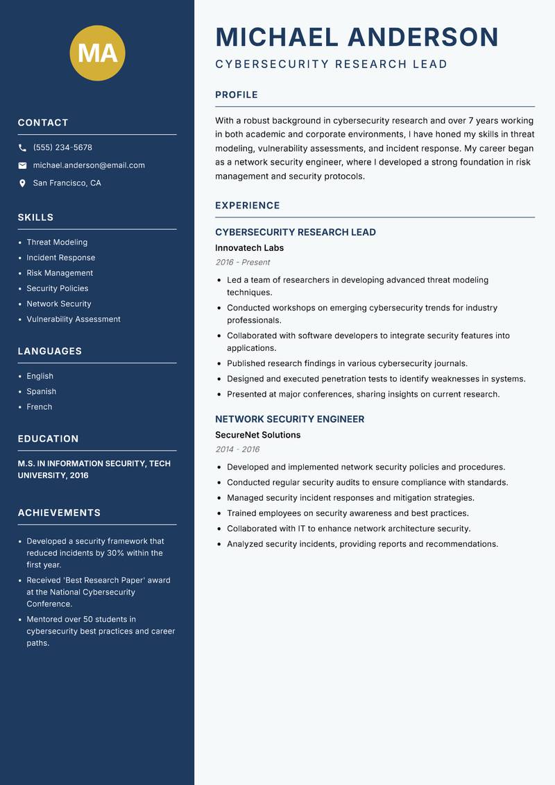 Cybersecurity Research Scientist resume template — Classic Clean