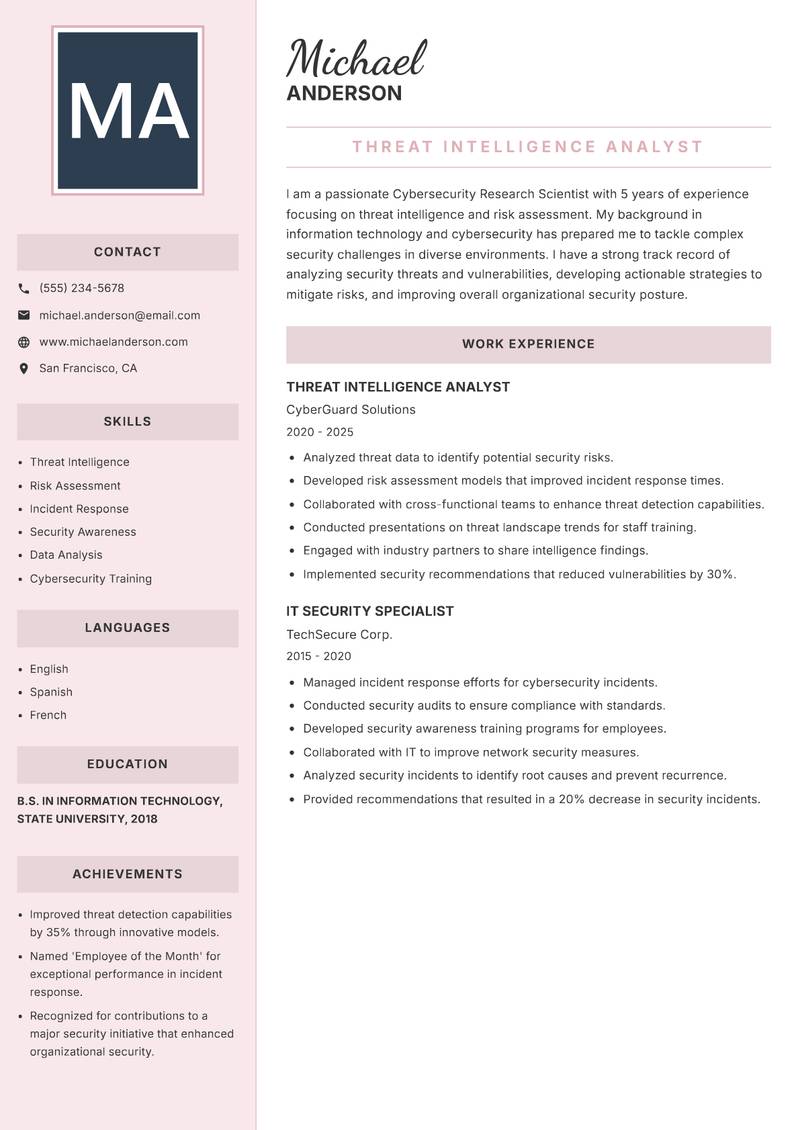 Cybersecurity Research Scientist resume template — Executive