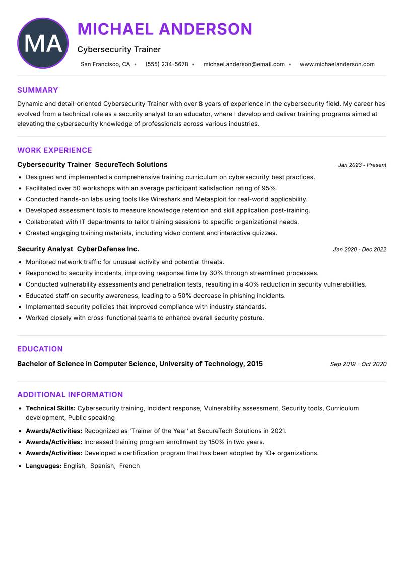 Cybersecurity Trainer resume example — ATS-friendly template