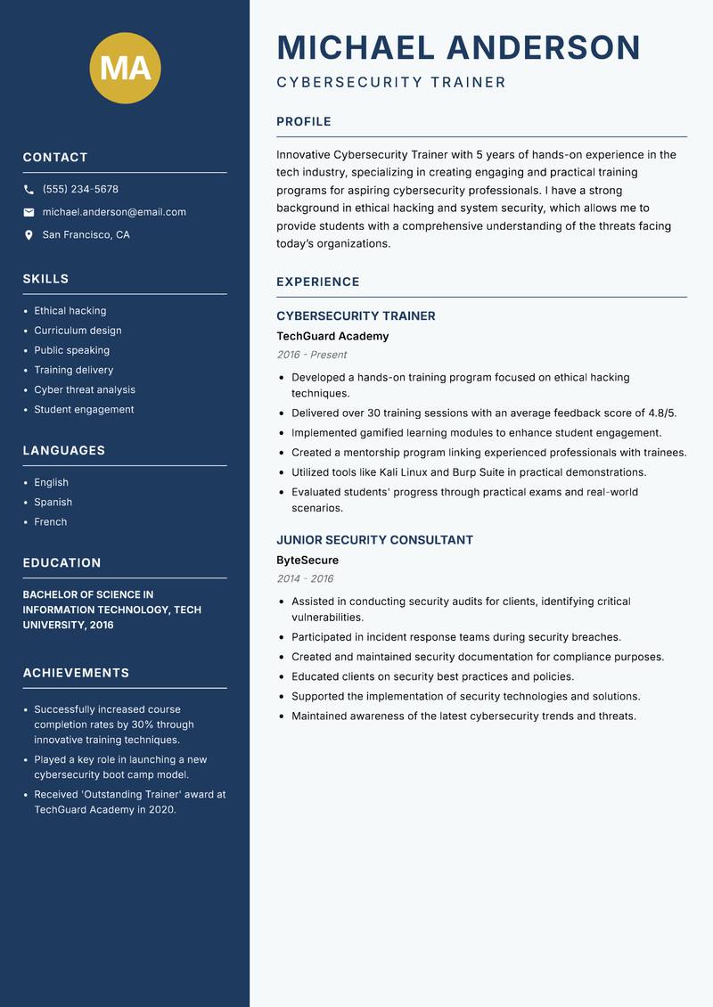Cybersecurity Trainer resume template — Classic Clean