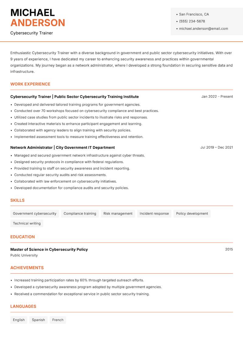 Cybersecurity Trainer resume template — Modern Professional