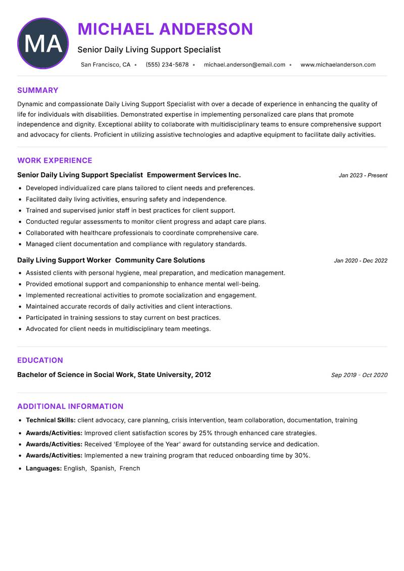 Daily Living Support Specialist resume example — ATS-friendly template
