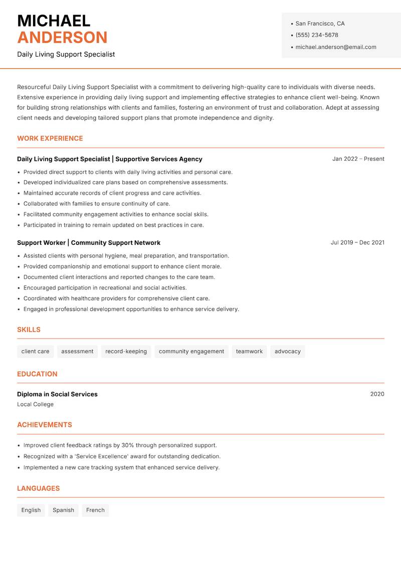 Daily Living Support Specialist resume template — Modern Professional