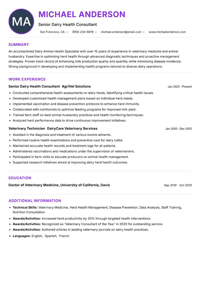 Dairy Animal Health Specialist resume example — ATS-friendly template