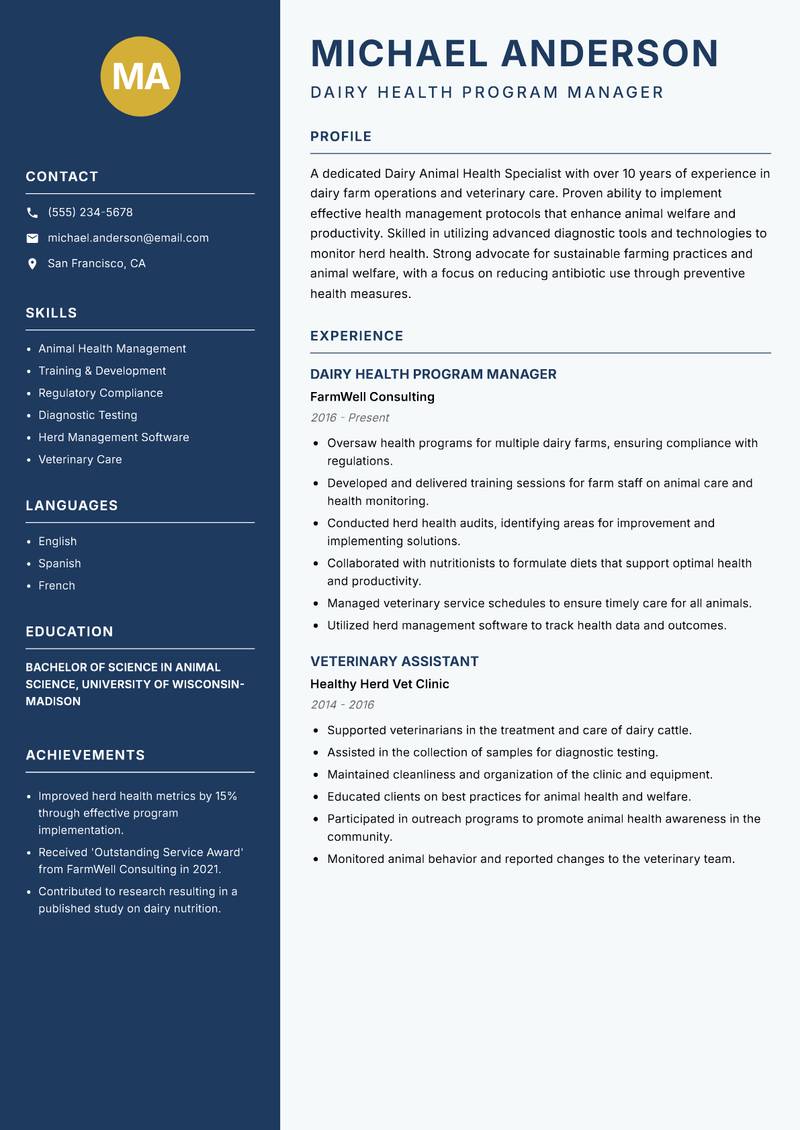 Dairy Animal Health Specialist resume template — Classic Clean